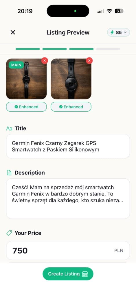 Generated listing with title, description, and price