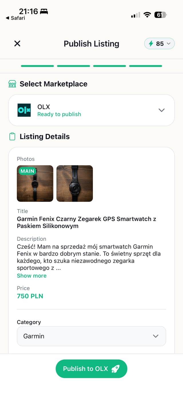 Marketplace selection — OLX, eBay, Allegro, Vinted